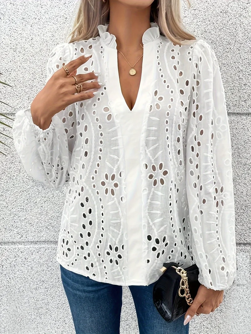 Outzidr  White Schiffli Embroidered Blouse for Women | Best Price UAE